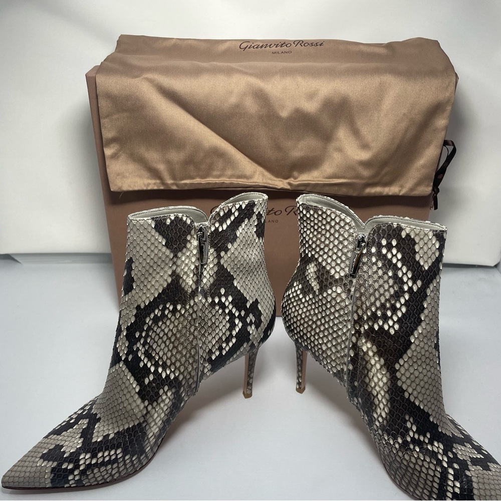 Gianvito Rossi Black and Cream Snake Print Heeled Boots